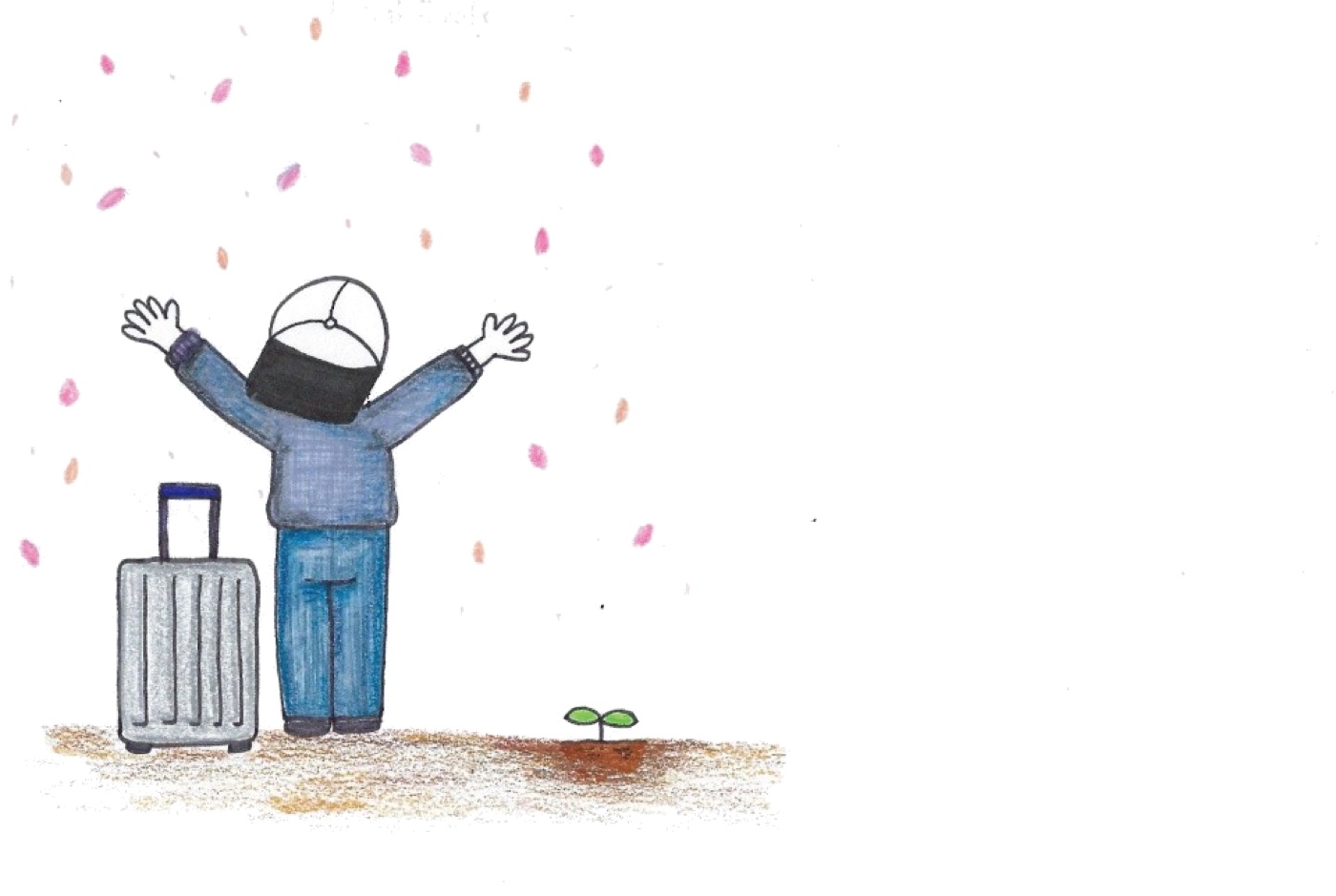 캐리어를 두고 벚꽃 아래 두 팔을 벌린 사람과 새싹 그림
